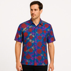 Burma Bibas Shirt Mens Medium Multicolor Short Sleeve Abstract Silk Buttonup‎
